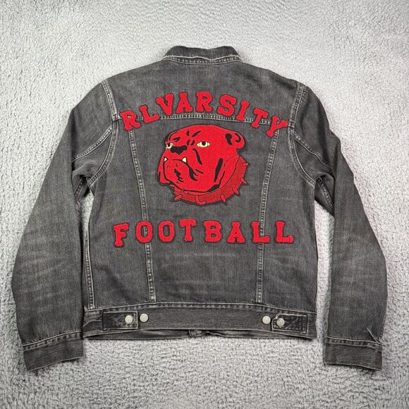 Polo Ralph Lauren RL Varsity Football Bulldog Denim Jean Jacket Mens M Black - Picture 2 of 10